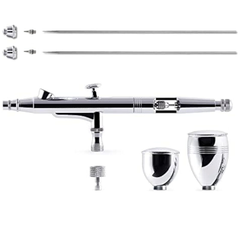RD-069 RDSWA Airbrush kit, Spray Gun, Airbrush Gun Dual-Action Gravity 1/2 & 1/4 oz Fluid Cup, 0.3 & 0.5 mm Needle, Air Brush Set Makeup Nail Art Painting Model Coloring Cake Decor Silver