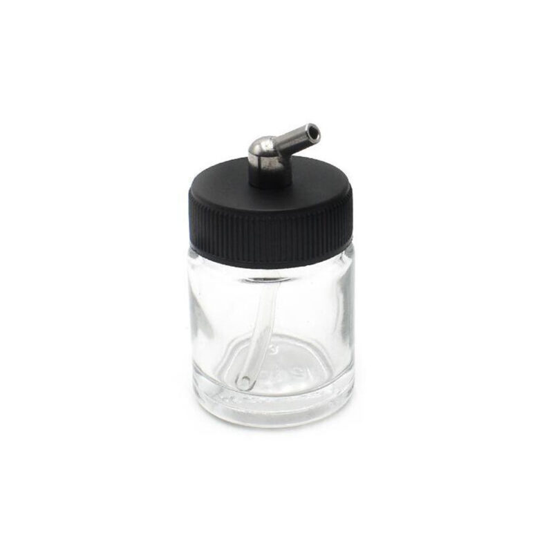 Empty 3/4 Ounce (22cc) Glass Jar Bottles with 30° Down Angle Adaptor Lid Assembly - Fits Dual-Action Siphon Feed Airbrushes, Use with Master, Badger, Paasche, Iwata