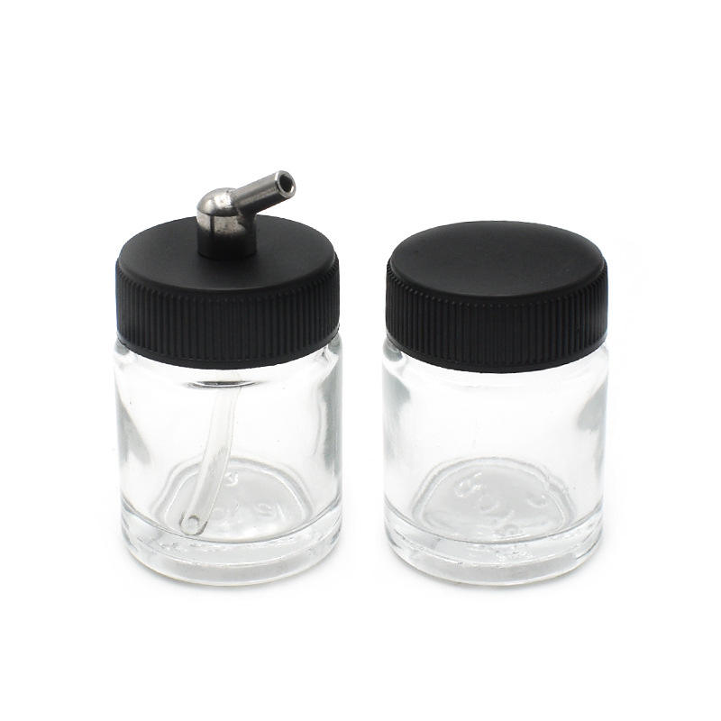 Empty 3/4 Ounce (22cc) Glass Jar Bottles with 30° Down Angle Adaptor Lid Assembly - Fits Dual-Action Siphon Feed Airbrushes, Use with Master, Badger, Paasche, Iwata