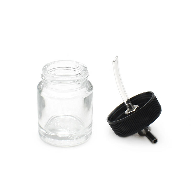 Empty 3/4 Ounce (22cc) Glass Jar Bottles with 30° Down Angle Adaptor Lid Assembly - Fits Dual-Action Siphon Feed Airbrushes, Use with Master, Badger, Paasche, Iwata