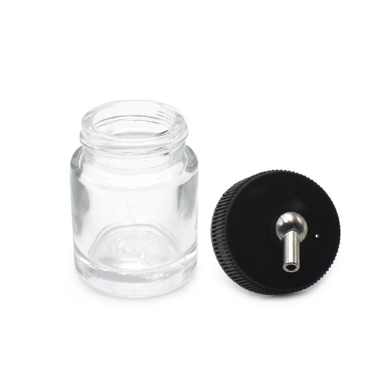 Empty 3/4 Ounce (22cc) Glass Jar Bottles with 30° Down Angle Adaptor Lid Assembly - Fits Dual-Action Siphon Feed Airbrushes, Use with Master, Badger, Paasche, Iwata
