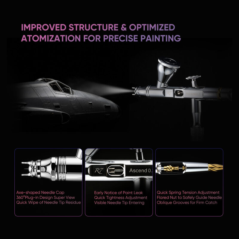 R7 RDSWA Airbrush kit, Spray Gun, Airbrush Gun Dual-Action Gravity , 0.2mm Needle, Air Brush Set Makeup Nail Art Painting Model Coloring Cake Decor Silver