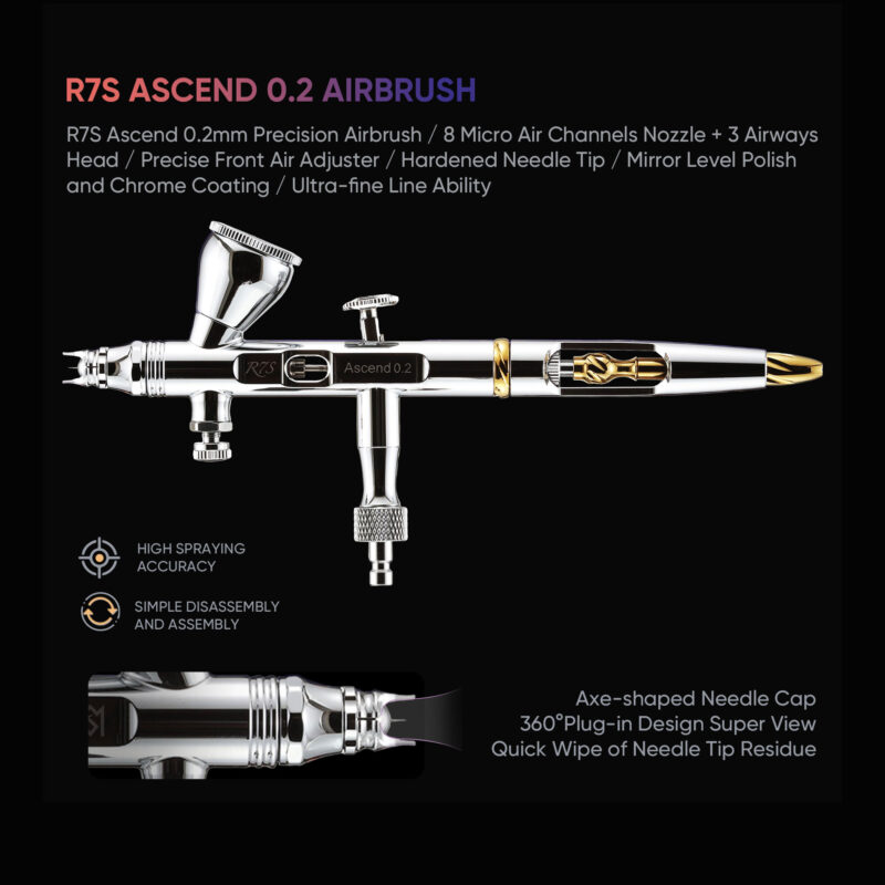 R7S RDSWA Airbrush kit, Spray Gun, Airbrush Gun Dual-Action Gravity , 0.2mm Needle, Air Brush Set Makeup Nail Art Painting Model Coloring Cake Decor Silver