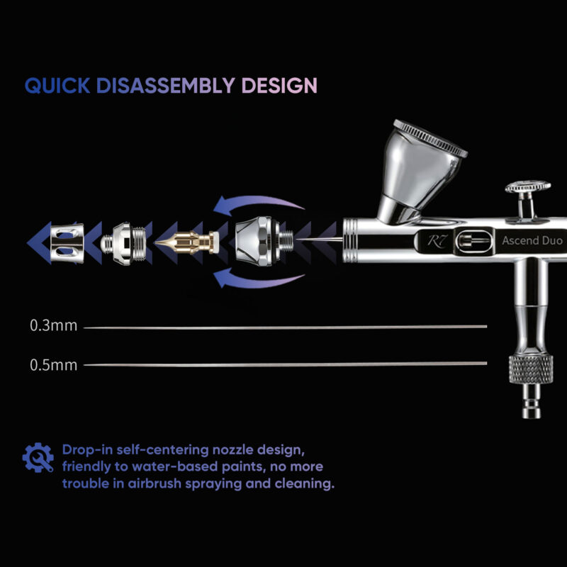 R7 Duo RDSWA Airbrush kit, Spray Gun, Airbrush Gun Dual-Action Gravity , 0.3&0.5mm Needle, Air Brush Set Makeup Nail Art Painting Model Coloring Cake Decor Silver